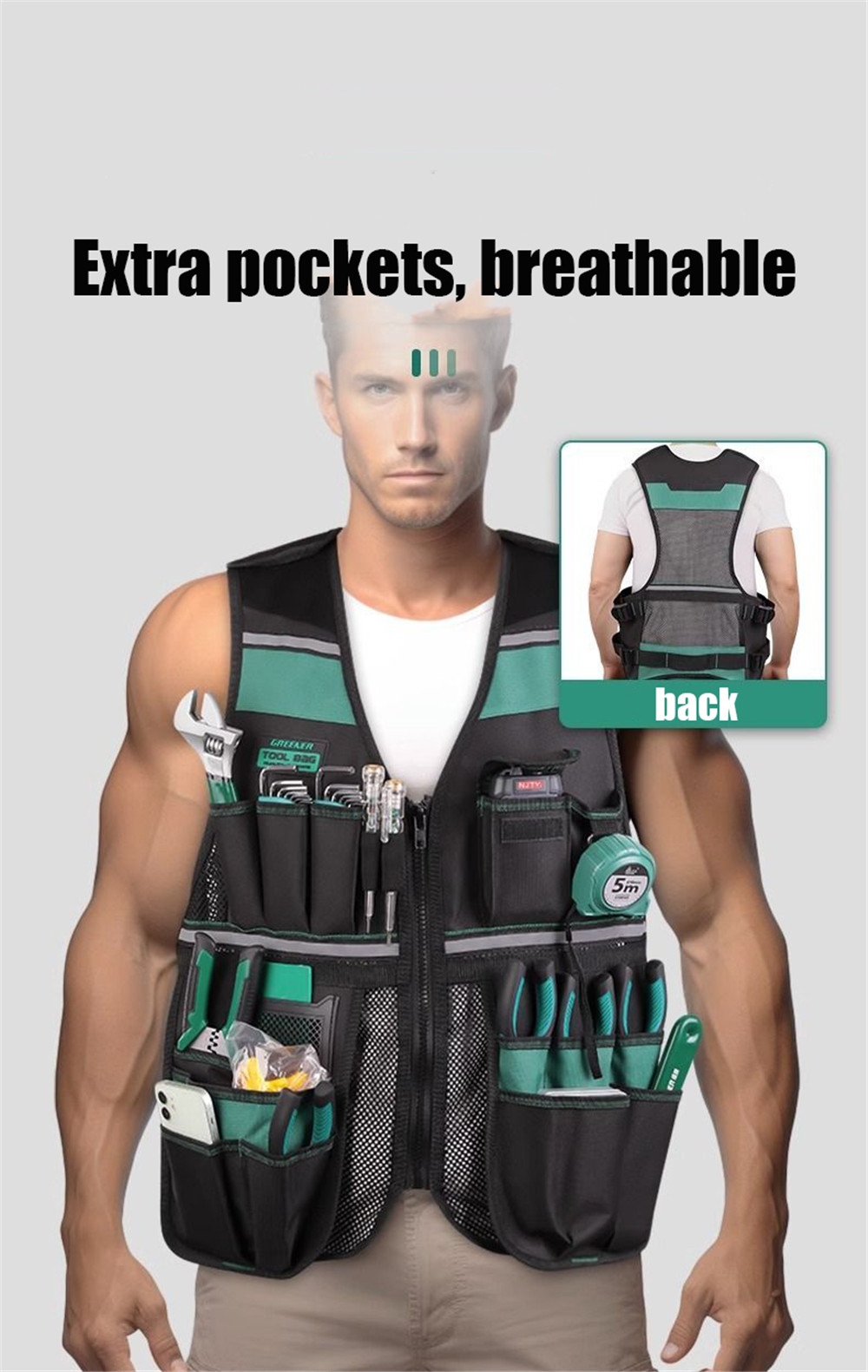 Tool Vest with Multi-Pocket Tool Pouch - Adjustable and Breathable Organizer for Electricians and Carpenters