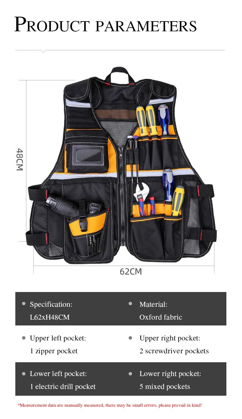 Tool Vest with Multifunctional Organizer Pouch - Handy Storage for Tools, Including Hammer, Screwdriver, Wrench, and More