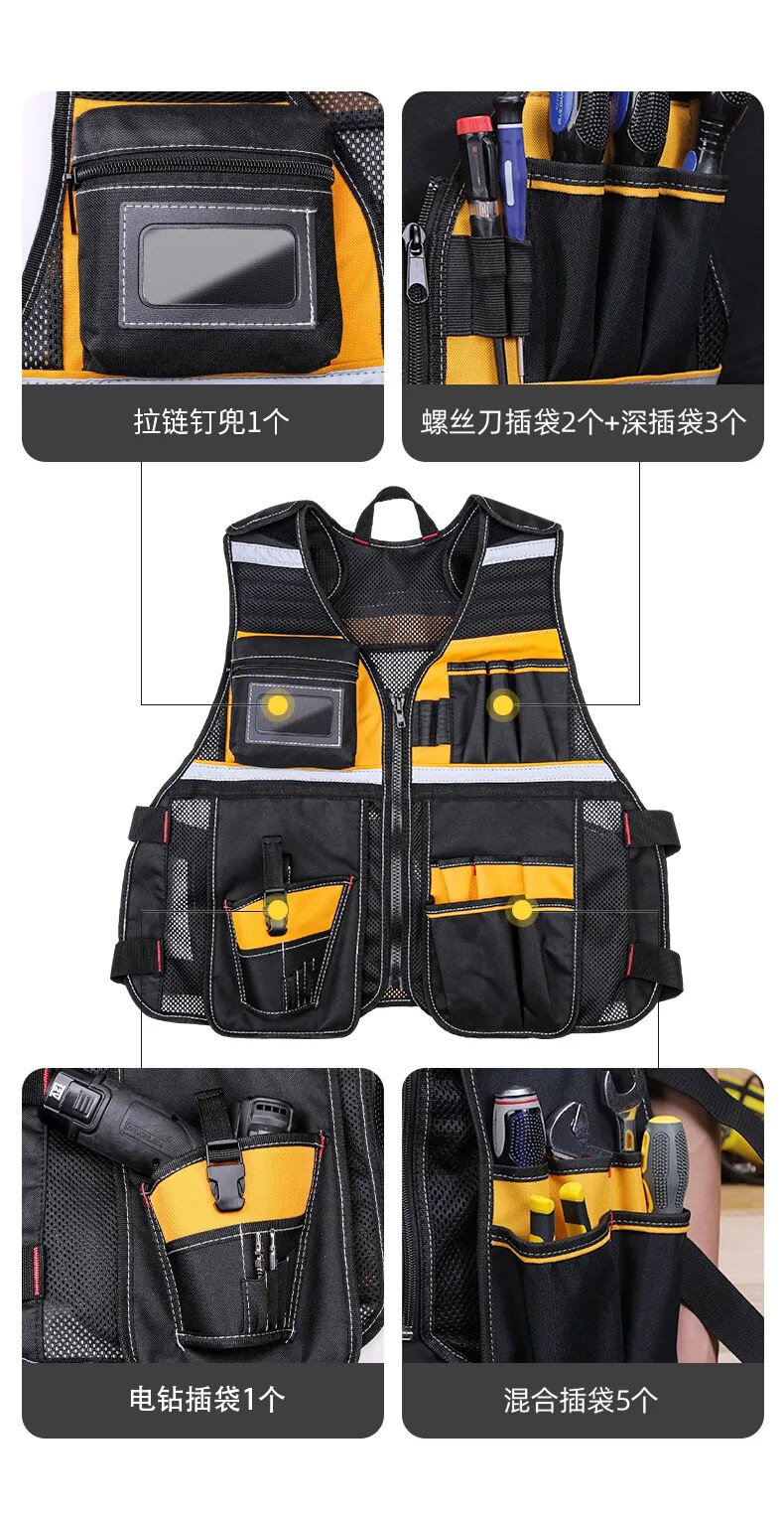 Tool Vest with Multifunctional Organizer Pouch - Handy Storage for Tools, Including Hammer, Screwdriver, Wrench, and More