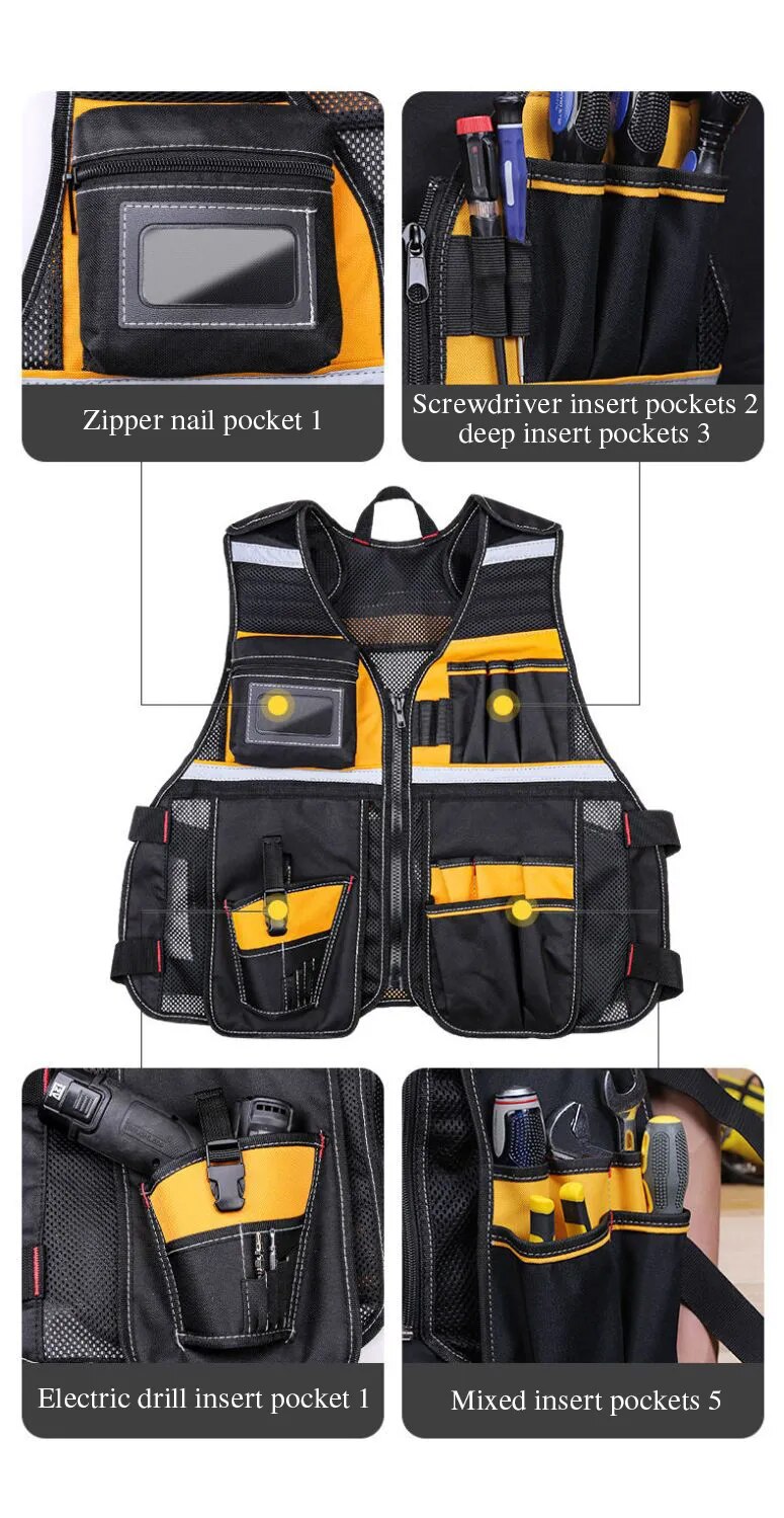 Tool Vest with Multifunctional Organizer Pouch - Handy Storage for Tools, Including Hammer, Screwdriver, Wrench, and More