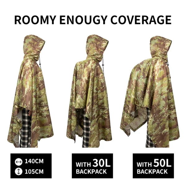 Outdoor Multifunctional Fisherman Raincoat - Waterproof Poncho with Camouflage Cover for Camping, Hunting, Clothes Shelter, Tent - Military Emergency Raincoat - Image 3